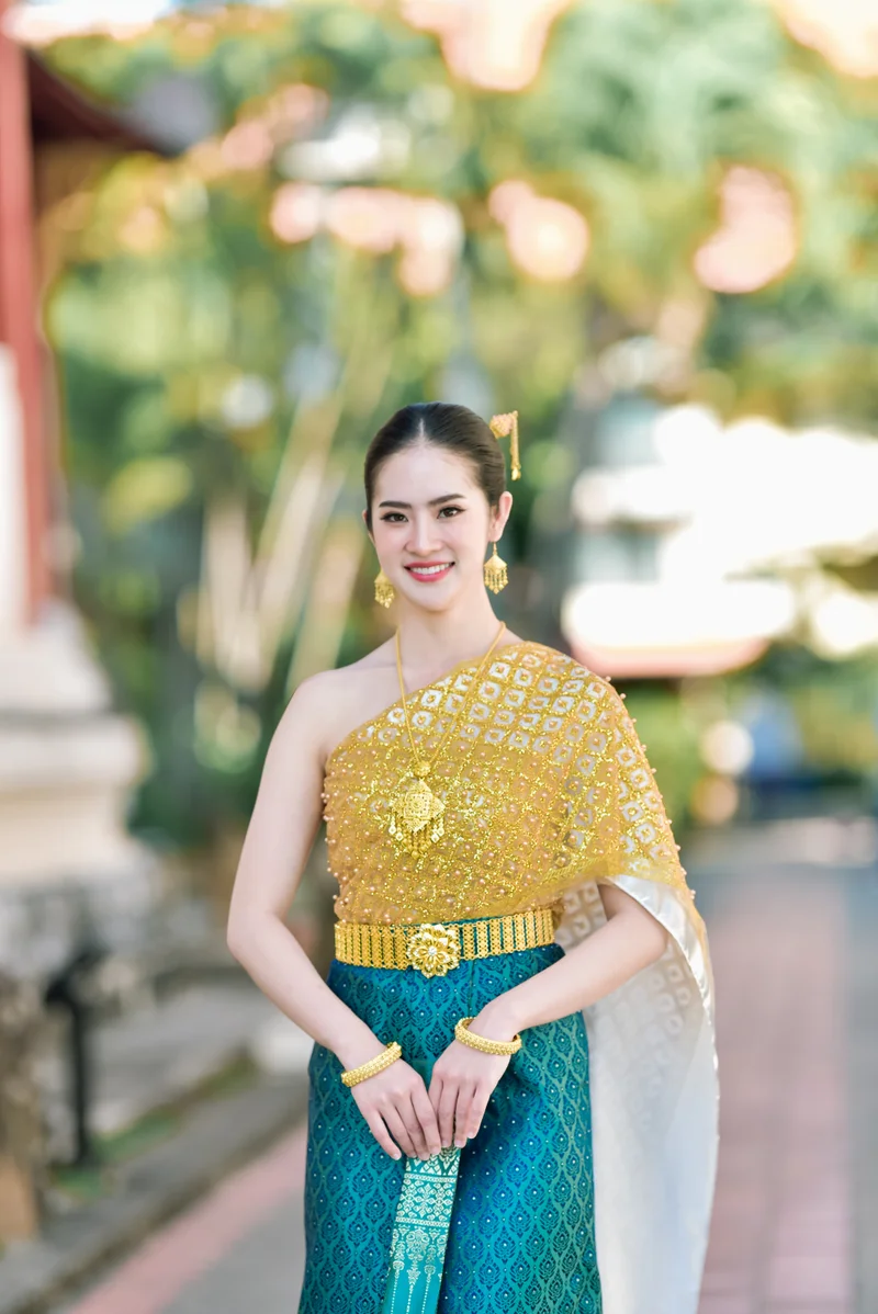 Premium Thai dress styling at golden temple